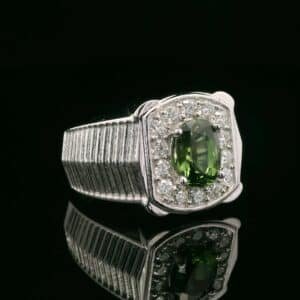 Natural Green Sapphire 1.76CTS Diamond 18K White Gold Men's Ring,AGL Certified