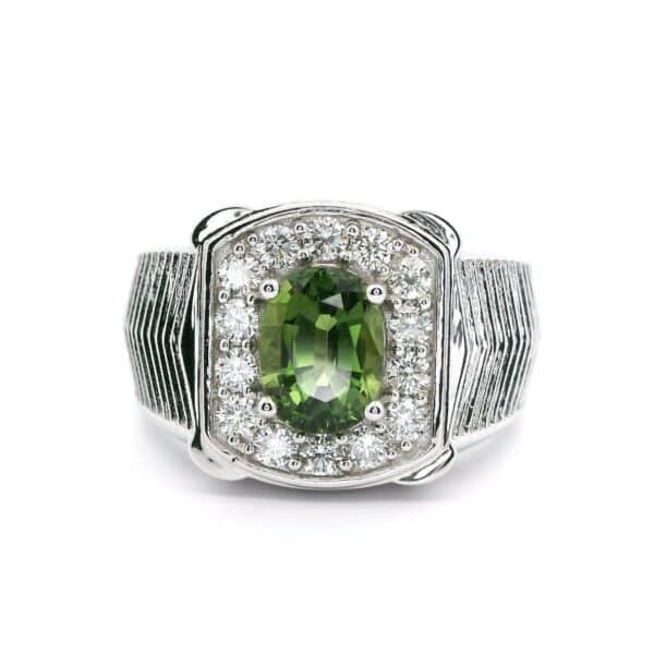 Natural Green Sapphire 1.76CTS Diamond 18K White Gold Men's Ring,AGL Certified