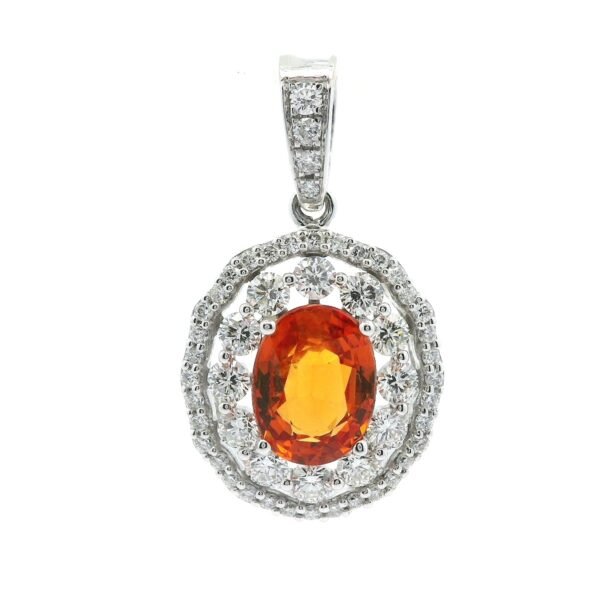 Natural Orange Sapphire Diamond Pendant White Gold Necklace 1.70CT Oval Sapphire