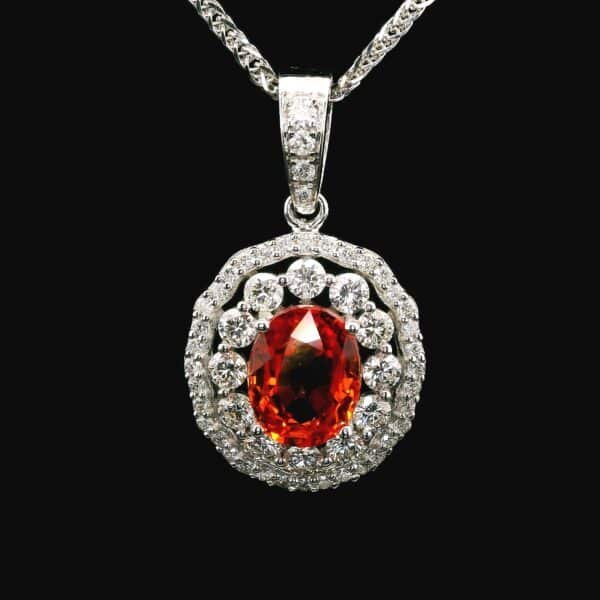 Natural Orange Sapphire Diamond Pendant White Gold Necklace 1.70CT Oval Sapphire