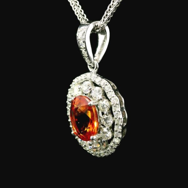 Natural Orange Sapphire Diamond Pendant White Gold Necklace 1.70CT Oval Sapphire