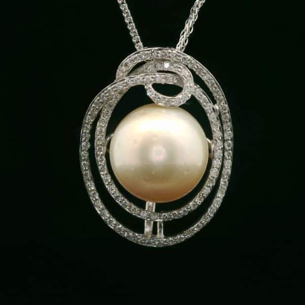 Genuine Natural Round Pearl Diamond Pendant 18K White Gold