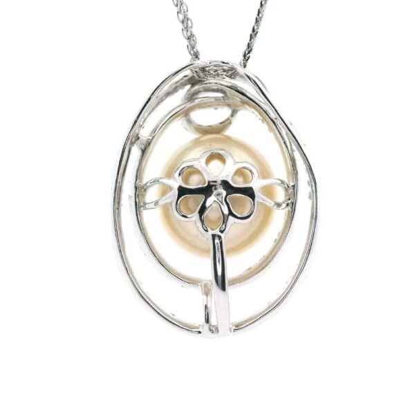 Genuine Natural Round Pearl Diamond Pendant 18K White Gold