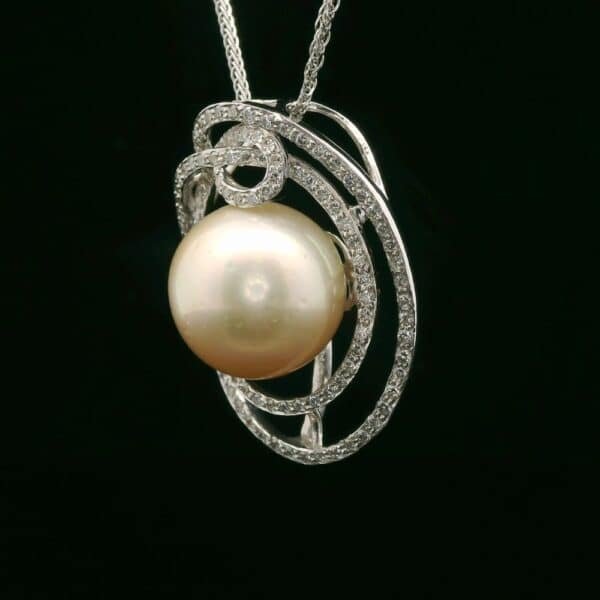 Genuine Natural Round Pearl Diamond Pendant 18K White Gold
