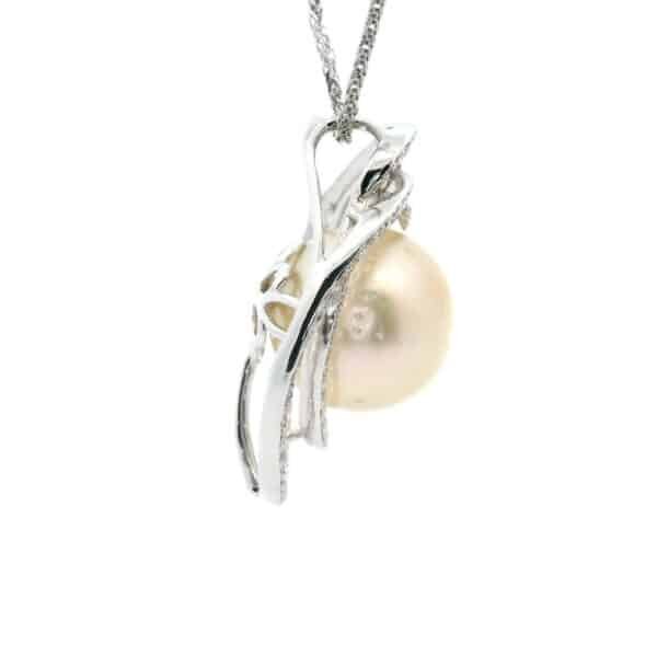 Genuine Natural Round Pearl Diamond Pendant 18K White Gold