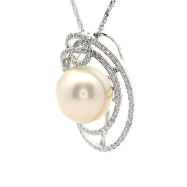 Genuine Natural Round Pearl Diamond Pendant 18K White Gold