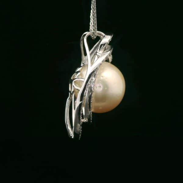 Genuine Natural Round Pearl Diamond Pendant 18K White Gold