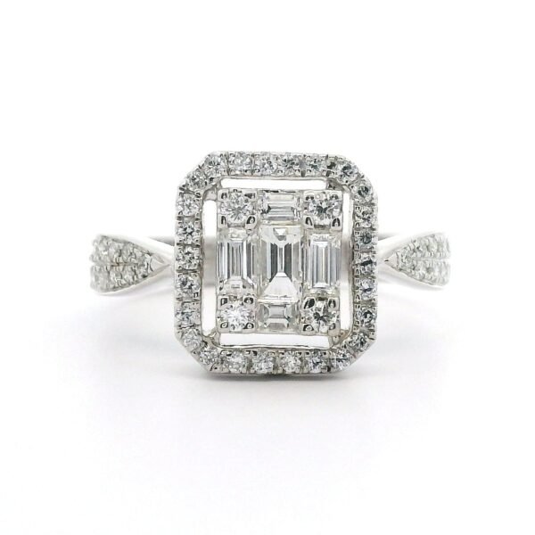 Genuine Baguette and Round Natural Diamond 18K White Gold Ring