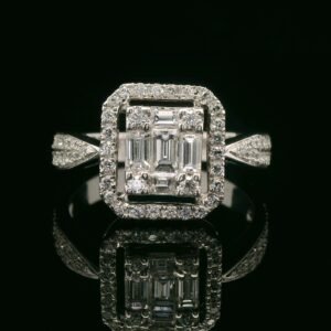 Genuine Baguette and Round Natural Diamond 18K White Gold Ring