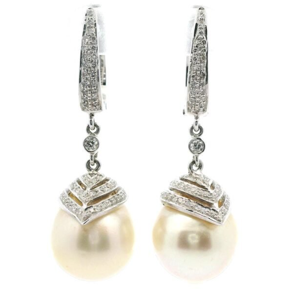 Genuine Natural South Sea Creamy White Pearl Diamond Earring 18K White Gold