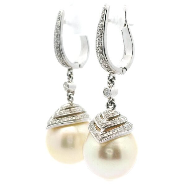 Genuine Natural South Sea Creamy White Pearl Diamond Earring 18K White Gold