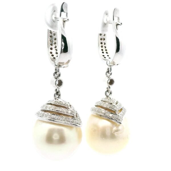 Genuine Natural South Sea Creamy White Pearl Diamond Earring 18K White Gold