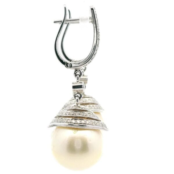 Genuine Natural South Sea Creamy White Pearl Diamond Earring 18K White Gold
