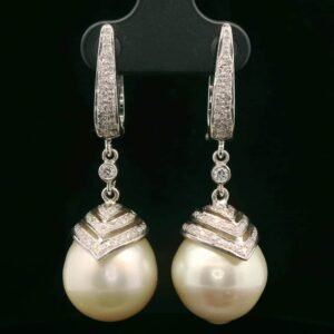 Genuine Natural South Sea Creamy White Pearl Diamond Earring 18K White Gold