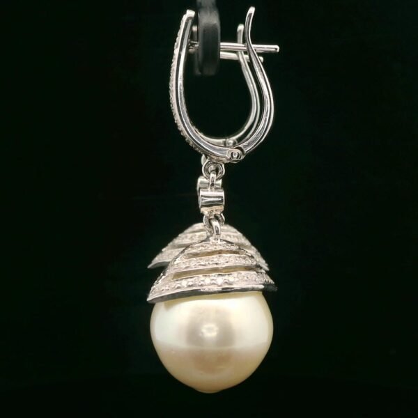Genuine Natural South Sea Creamy White Pearl Diamond Earring 18K White Gold