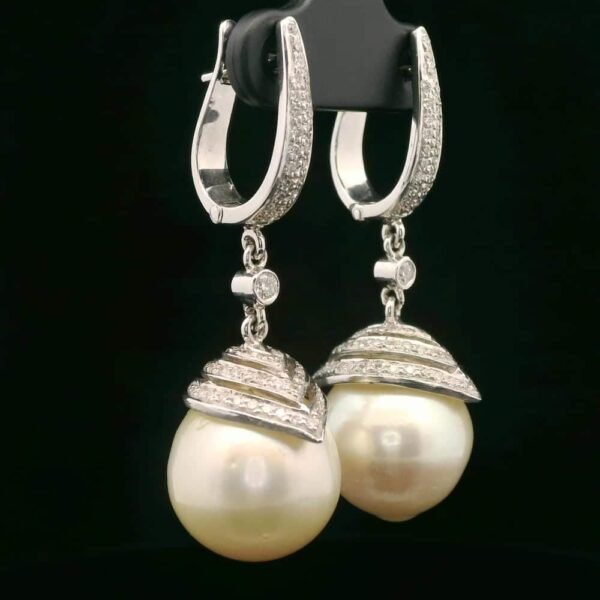 Genuine Natural South Sea Creamy White Pearl Diamond Earring 18K White Gold