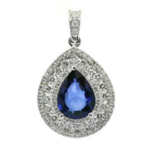 18k White Gold Pear Blue Sapphire Diamond Pendant 2.34 TCW