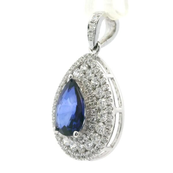 18k White Gold Pear Blue Sapphire Diamond Pendant 2.34 TCW