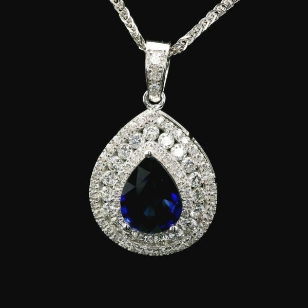 18k White Gold Pear Blue Sapphire Diamond Pendant 2.34 TCW