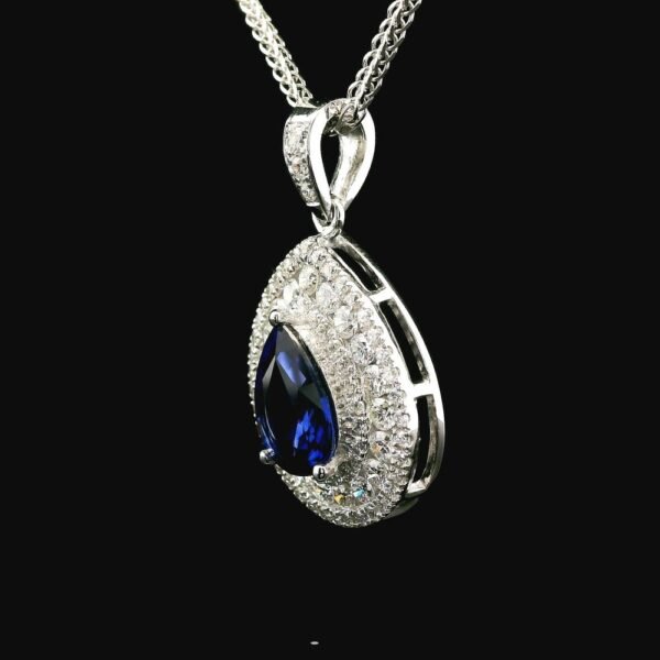 18k White Gold Pear Blue Sapphire Diamond Pendant 2.34 TCW
