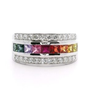 Natural Rainbow Sapphire Diamond VVS 18K White Gold Sapphire Men's Ring 2CT