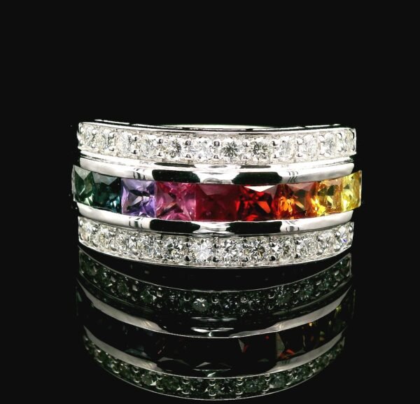 Natural Rainbow Sapphire Diamond VVS 18K White Gold Sapphire Men's Ring 2CT
