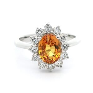 Natural Orange Sapphire Diamond 18K White Gold Ring, Oval Genuine Sapphire.