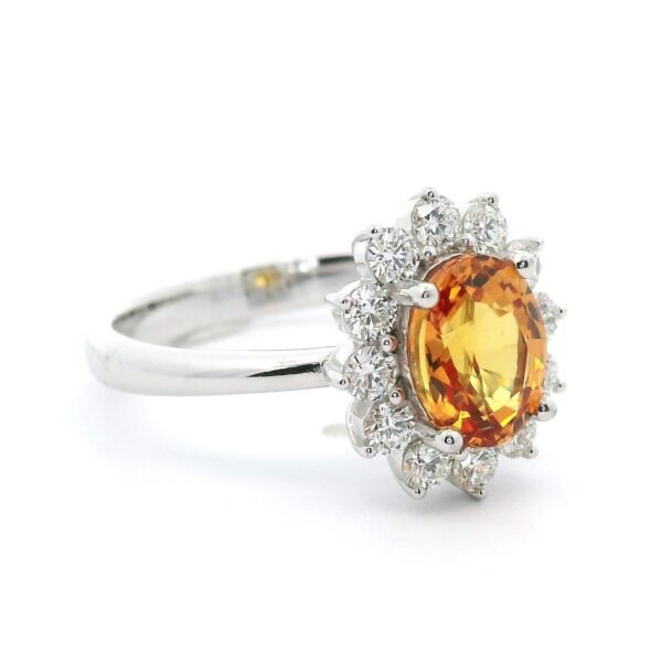 Natural Orange Sapphire Diamond 18K White Gold Ring, Oval Genuine Sapphire.