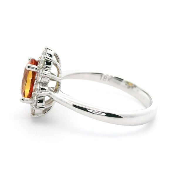Natural Orange Sapphire Diamond 18K White Gold Ring, Oval Genuine Sapphire.