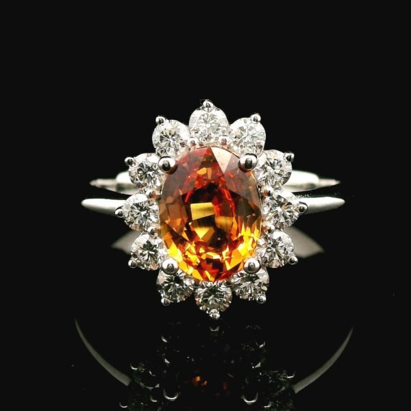 Natural Orange Sapphire Diamond 18K White Gold Ring, Oval Genuine Sapphire.