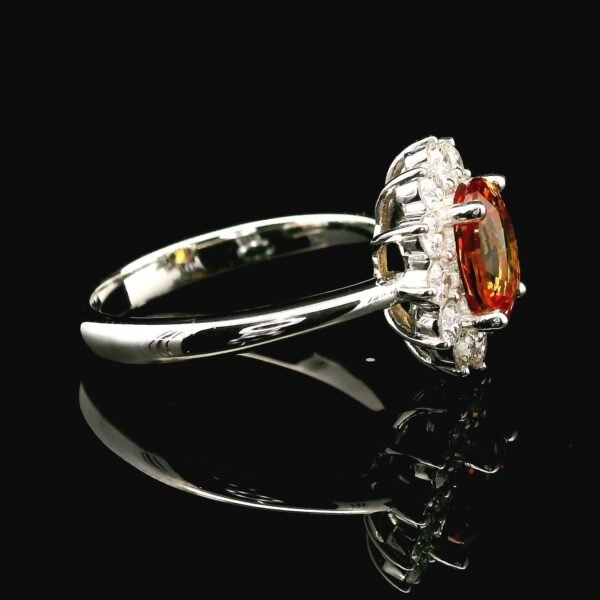 Natural Orange Sapphire Diamond 18K White Gold Ring, Oval Genuine Sapphire.