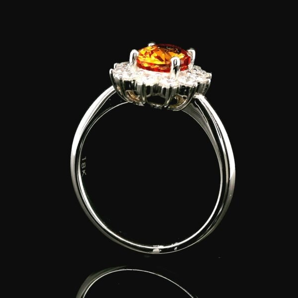 Natural Orange Sapphire Diamond 18K White Gold Ring, Oval Genuine Sapphire.