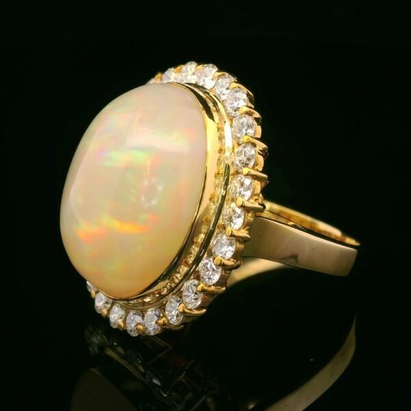 15.25CT Natural Ethiopian AIG Certified Opal DE VVS1 Diamond 14K Yellow Gold Ring