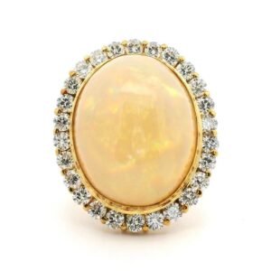 15.25CT Natural Ethiopian AIG Certified Opal DE VVS1 Diamond 14K Yellow Gold Ring