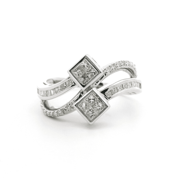 Natural Diamond 18K White Gold Ring, Princess & Round Diamond 0.97Ctw Unique Style